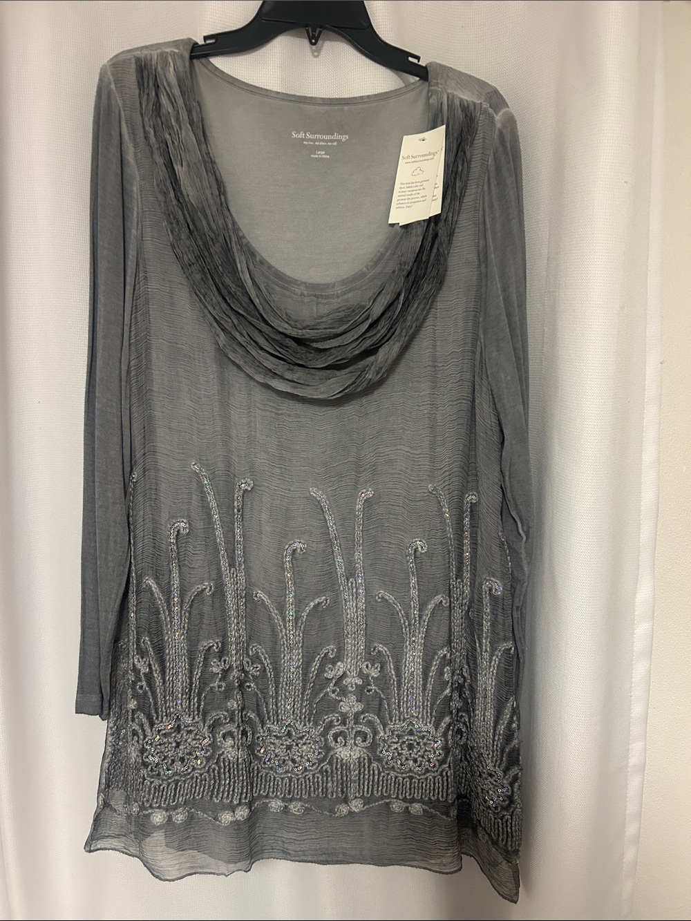 Soft Surroundings Gray Embellished Draped Cowl Neck Sweater